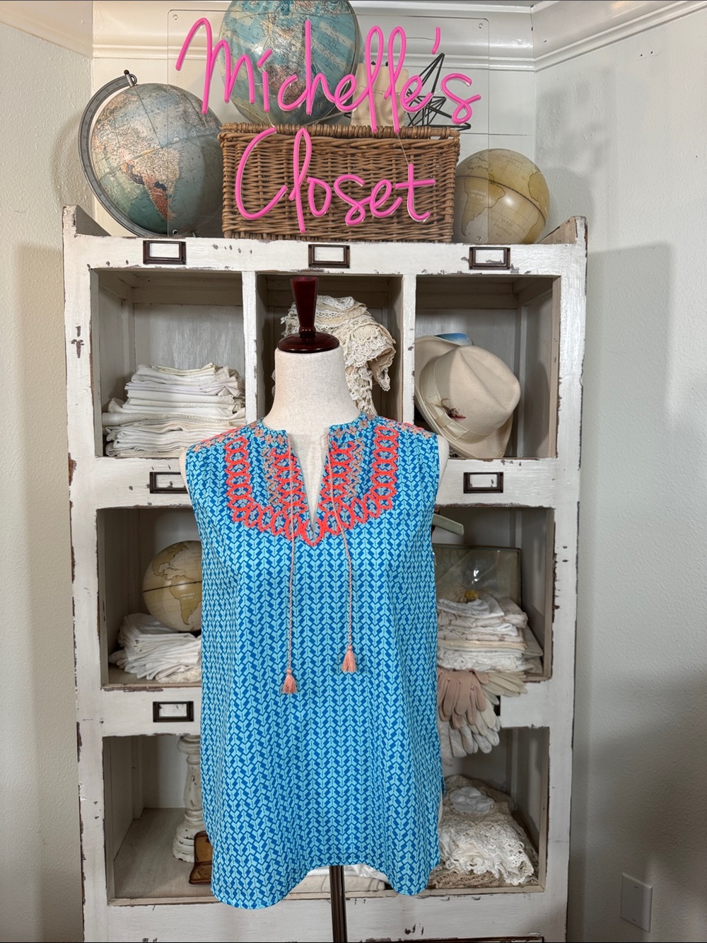 J. Crew Blue Tunic with Coral Embroidery